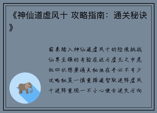 《神仙道虚风十 攻略指南：通关秘诀》